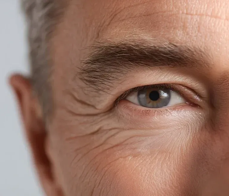 Close-up of a middle-aged man's blue-gray eye and the skin around it