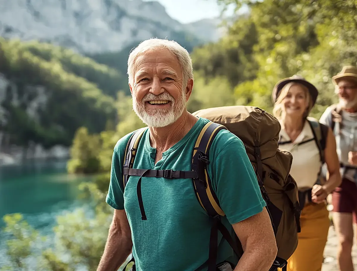 Smiling man in his 60s with a white beard hiking with friends beside a mountain lake