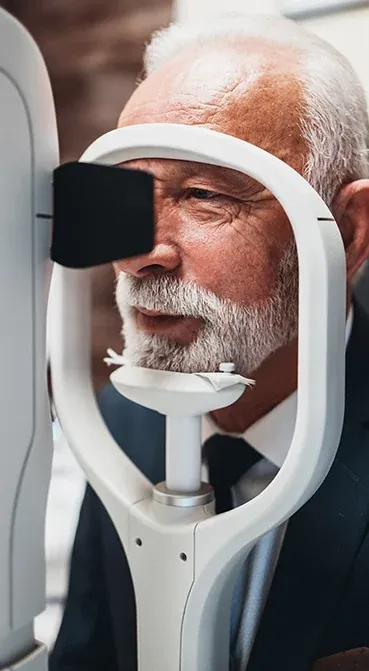 Older man with a gray beard resting his chin on an eye-measurement device during a vision exam