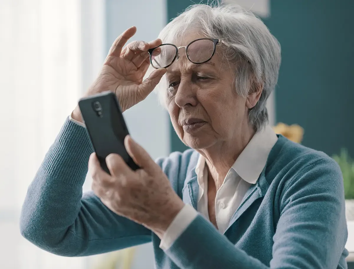 Older woman lifting her glasses and squinting to read her phone