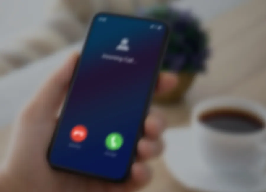 A blurry phone screen showing an incoming call