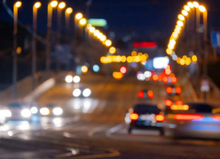 Blurred headlights and streetlights while driving at night